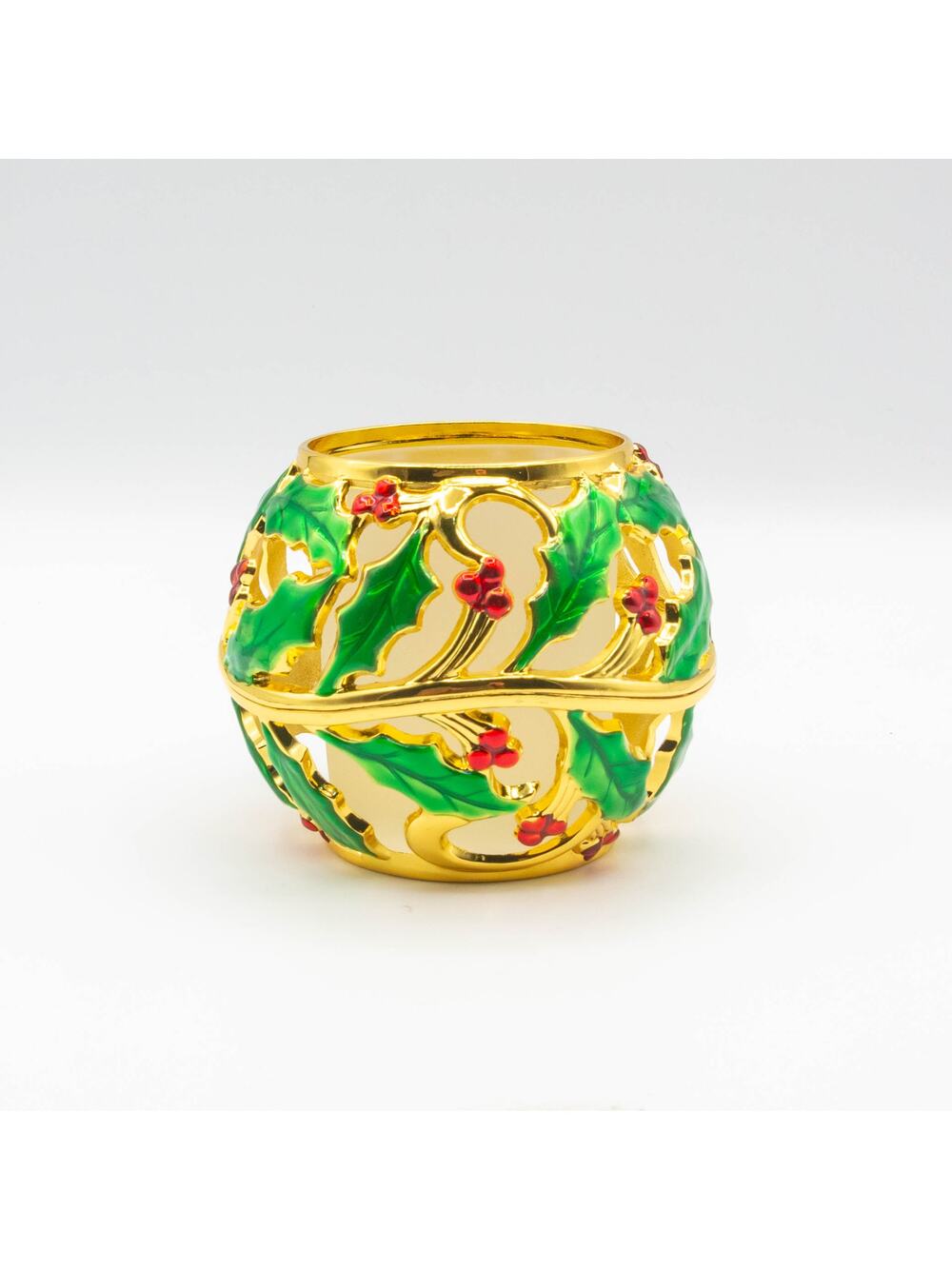 LENOX Holiday Gold Tone Votive Tea Light Candle Holder Enameled Holly Berries